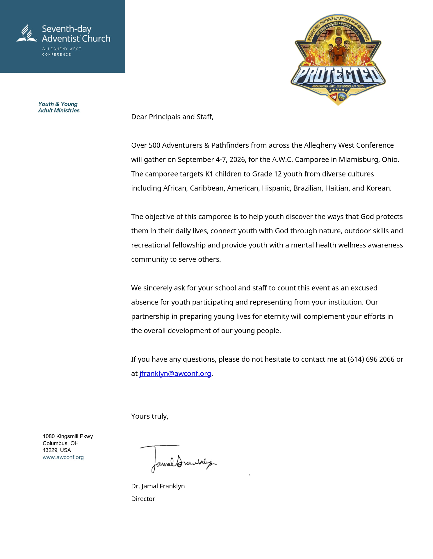 Official school excuse letter from Dr. Jamal Franklyn, Allegheny West Conference